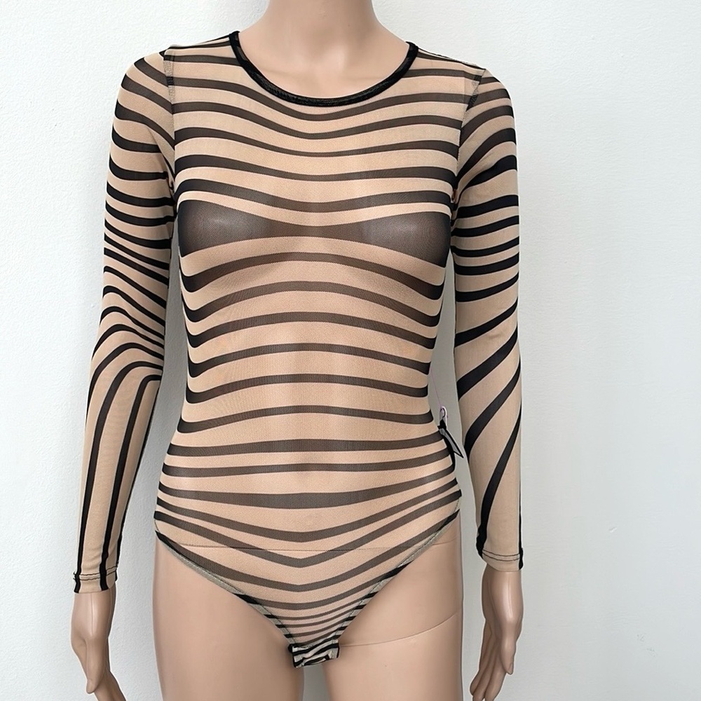 NEW HOT MIAMI STYLES NUDE BLACK SHEER MESH SWIRL ILLUSION BODYSUIT, S
